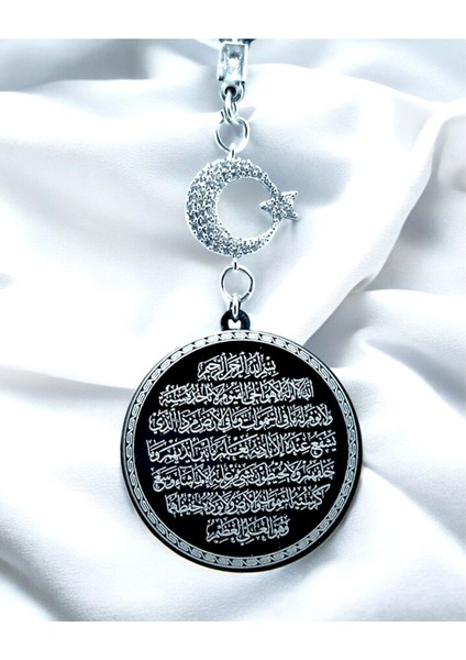 Siyah Parlak Taşlı Ay Yıldız Çelik Çift Taraflı Ayetel Kürsi / Felak Nas Ihlas Araba Dikiz Ayna Süsü