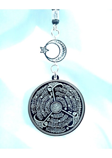 Siyah Parlak Taşlı Ay Yıldız Çelik Çift Taraflı Ayetel Kürsi / Felak Nas Ihlas Araba Dikiz Ayna Süsü modelleri