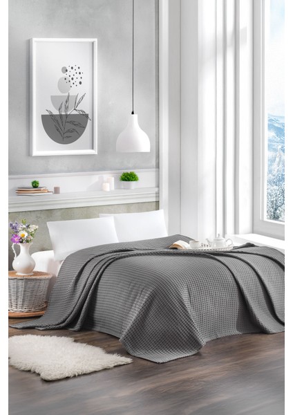 Çift Kişilik Gri Renk Waffle Pike Pamuk 200 x 220 cm