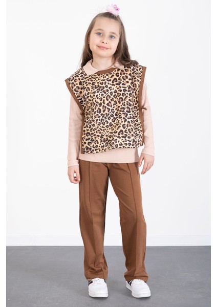 Taba Leopar Desenli Süveterli Badili Kız Çocuk Pantolonlu 3lü Takım 20528