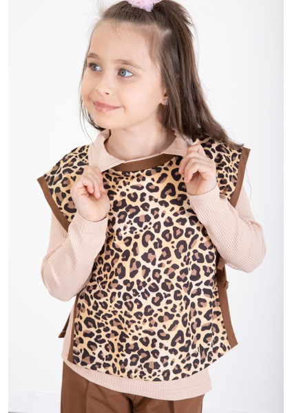 Taba Leopar Desenli Süveterli Badili Kız Çocuk Pantolonlu 3lü Takım 20528 fırsatları
