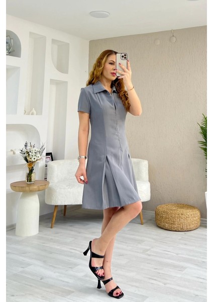 Chamakh Kadın Eteği Piliseli Fermuarlı Kısa Kol Polo Yaka Mini Elbise indirimleri