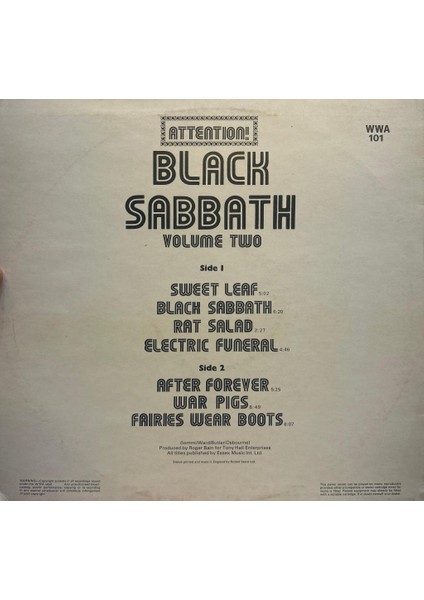 Black Sabbath – Attention! Volume Two Black Sabbath , War Pigs ve Diğer Efsaneler 1975 Baskı Lp fiyatları