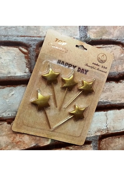 Vıp Gold Star Happy Bırthday Candle 5 Adet Metalik Altın Yıldızlı Pasta Mumu Yıldız Doğum Günü Mumu