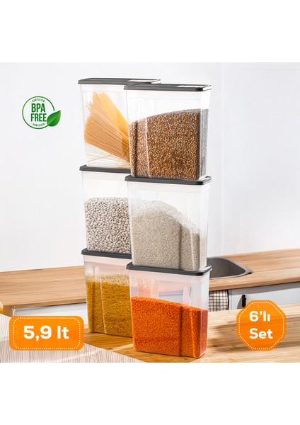 ORG-451 Sandy 6'lı Hava Geçirmez Pratik Kapaklı Erzak Bakliyat Saklama Kabı Seti 5,90 Lt Antrasit