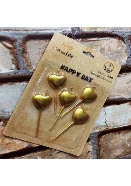 Vıp Gold Heart Happy Bırthday Candle 5 Adet Metalik Gold Kalpli Pasta Mumu Kalpli Doğum Günü Mumu