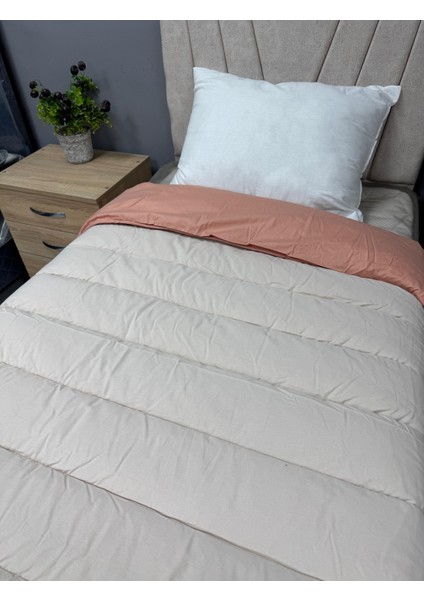 Pamuk Ranforce Çift Kişilik Yorgan Çift Taraflı Bej-Somon Düz Desenli Kapitoneli