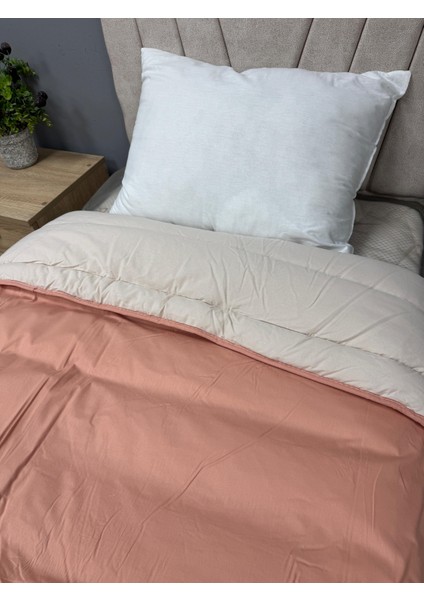 Pamuk Ranforce Çift Kişilik Yorgan Çift Taraflı Bej-Somon Düz Desenli Kapitoneli fiyatları