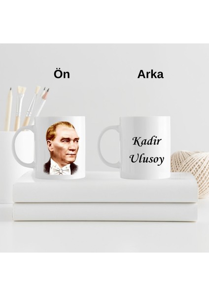 Kişiye Özel Atatürk Tasarımlı Kupa Bardak ve Not Defteri Hediye Seti