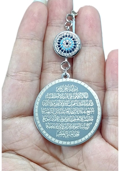 Zirkon Taşlı Gümüş Renk Çelik Çift Taraflı Ayetel Kürsi/ Nazar Ayeti Araba Dikiz Ayna Süsü