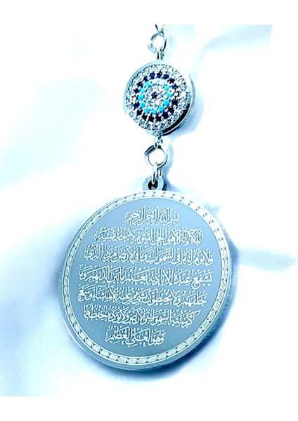 Zirkon Taşlı Gümüş Renk Çelik Çift Taraflı Ayetel Kürsi/ Nazar Ayeti Araba Dikiz Ayna Süsü