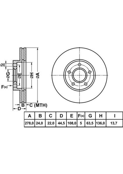 MGA-50136 - Fren Disk Ön Transıt connect 02> 5 Bijon Düz 278MM