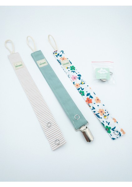 3'lü Emzik Askısı - Emzik Zinciri %100 Pamuk - Yıkanabilir