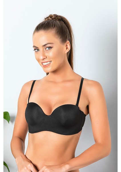 Kadın Siyah Balenli Tam Destekli Push Up Straplez Lotus Sütyen