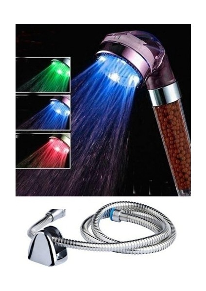 Renk Değiştiren LED Işıklı Duş Başlığı Seti - Hortum Askı Seti (Pilsiz- Elektriksiz)