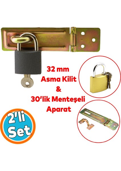 Sandık Kutu Askısı 30 Luk Menteşeli Kilit Aparatı Tosba Kilit 32 mm 2'li Set Asma Kilit