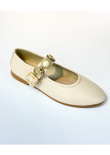 BA04576 Gold Broş Detaylı Ten Kadın Lastikli Yumuşak Babet - 38