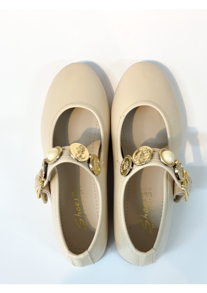 BA04576 Gold Broş Detaylı Ten Kadın Lastikli Yumuşak Babet - 38