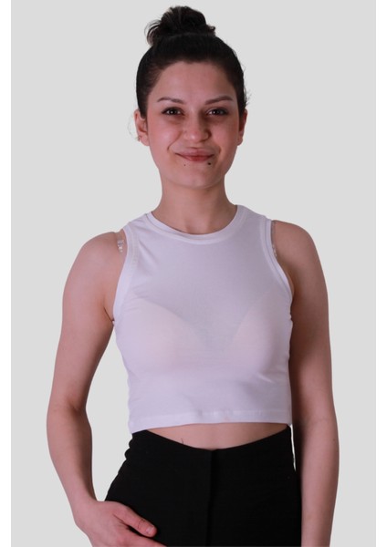 Crop Krem Kadın Kolsuz T-Shirt 587-04