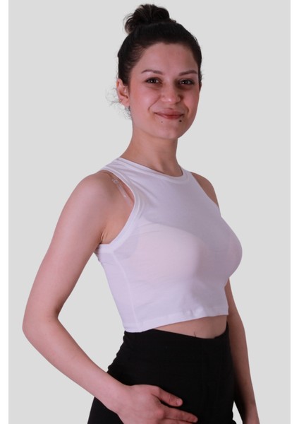 Crop Krem Kadın Kolsuz T-Shirt 587-04 fiyatları