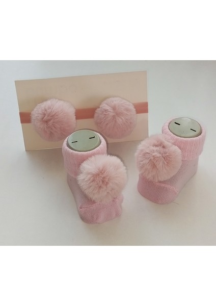 Hoşgeldin Bebek, Yenidoğan Kız Bebek, Pembe Ponpon Bandana Çorap Hediye Seti