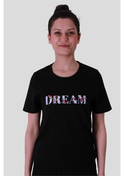 Dream Baskı Siyah Kadın T-Shirt Model 1