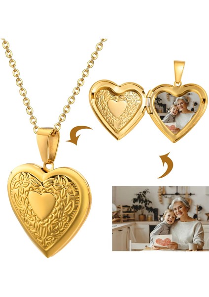 Kalp Şeklinde Kapaklı Gold Renk Resim Konulabilen Kadın Metal Kolye
