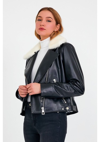 Vizon Aksesuarlı Kruvaze Deri Ceket