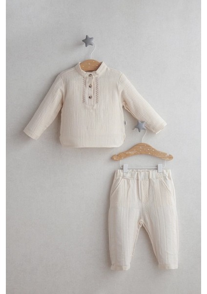 Erkek Bebek Ceremony Boy Alt Üst Takım Ekru Renk %100 Pamuk