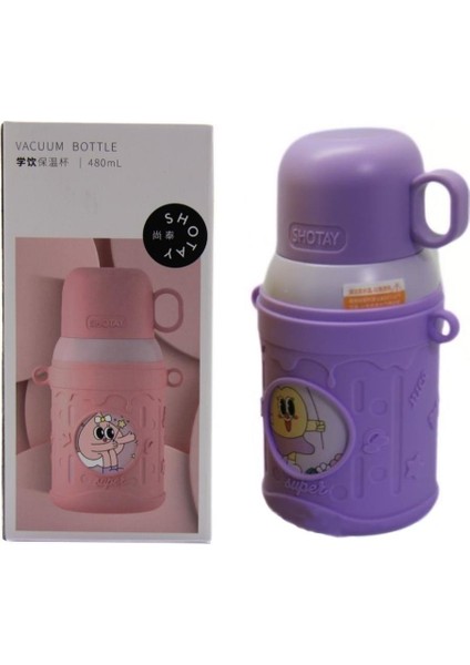 Cartoon Çelik Termos Matara Çocuk 480ML Lila