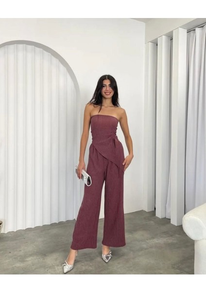 Kadın Mürdüm Rengi Straplez Ön Büzgülü Bluz Salaş Rahat Pantolon Ikili Takım