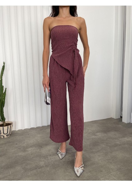 Kadın Mürdüm Rengi Straplez Ön Büzgülü Bluz Salaş Rahat Pantolon Ikili Takım fiyatları