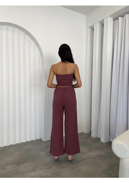 Kadın Mürdüm Rengi Straplez Ön Büzgülü Bluz Salaş Rahat Pantolon Ikili Takım modelleri