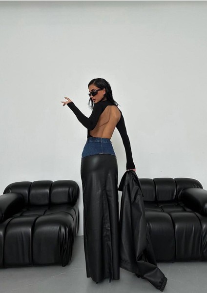 Skirt Kot Detaylı Suni Deri Siyah Etek 40