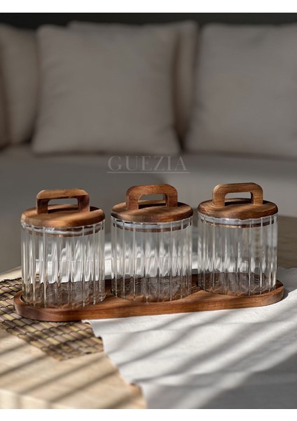 3’lü Akasya Standlı Vakum Kapaklı Borosilikat Cam Kavanoz Seti 600 ml