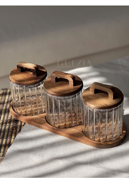 3’lü Akasya Standlı Vakum Kapaklı Borosilikat Cam Kavanoz Seti 600 ml fiyatları