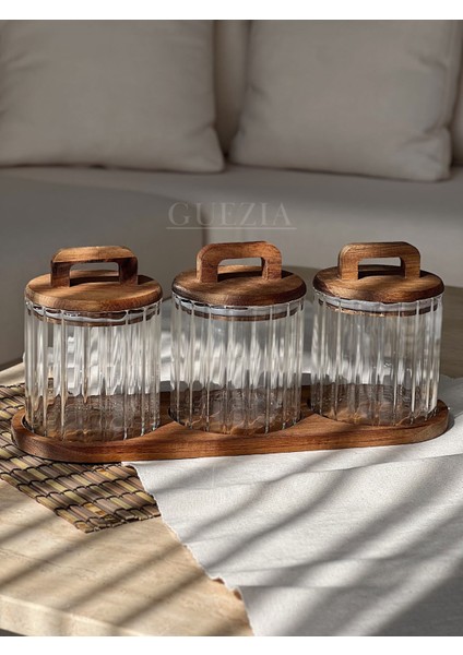 3’lü Akasya Standlı Vakum Kapaklı Borosilikat Cam Kavanoz Seti 600 ml indirimleri