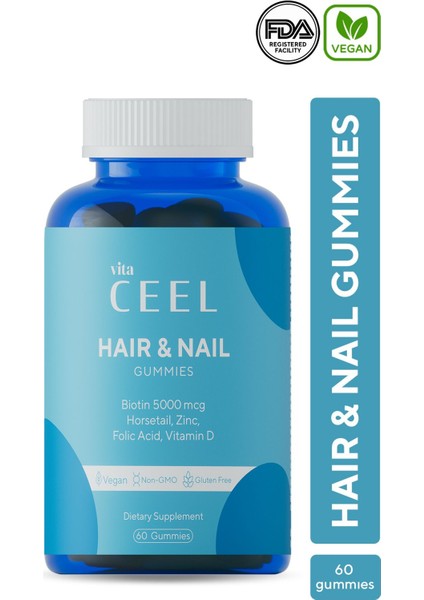 Saç Tırnak Vitamini Çiğnenebilir Vegan Gummy Biotin 5000 Vitamin D Çinko Folik Asit At Kuyruğu