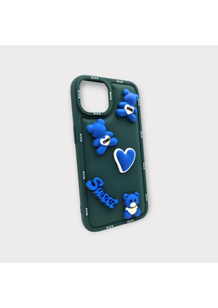 iPhone 14 Mavi Sevimli Ayıcık Tasarım Yeşil Kılıf
