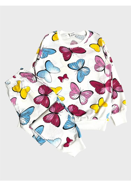 Kız Çocuk Pamuklu Beyaz Pembe Kelebek Desenli Uzun Kollu Mevsimlik Pijama Takımı