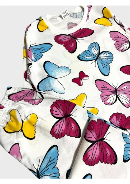 Kız Çocuk Pamuklu Beyaz Pembe Kelebek Desenli Uzun Kollu Mevsimlik Pijama Takımı
