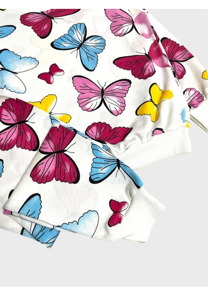 Kız Çocuk Pamuklu Beyaz Pembe Kelebek Desenli Uzun Kollu Mevsimlik Pijama Takımı