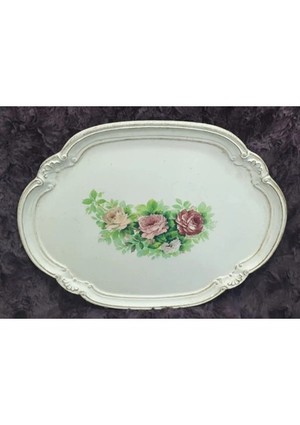 Beyaz Italyan Ahşap Tepsi 51 x 42 cm. 3 Çiçek