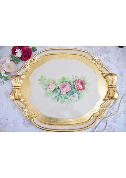 Beyaz Italyan Ahşap Tepsi 51 x 42 cm. 3 Çiçek