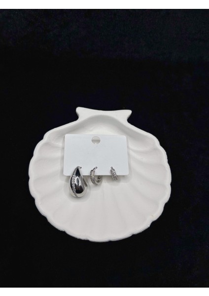 Zirkon Taşlı Gümüş Kaplama 3’lü Küpe Seti (Damla, Yarım Halka, Mini Halka) modelleri