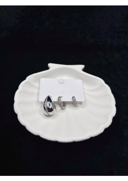 Zirkon Taşlı Gümüş Kaplama 3’lü Küpe Seti (Damla, Yarım Halka, Mini Halka) fırsatları