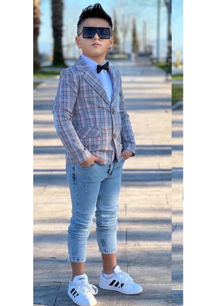 Erkek Çocuk Kırmızı Çizgili Blazer Ceket Kot Pantolon Alt Üst Takım