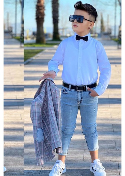 Erkek Çocuk Kırmızı Çizgili Blazer Ceket Kot Pantolon Alt Üst Takım