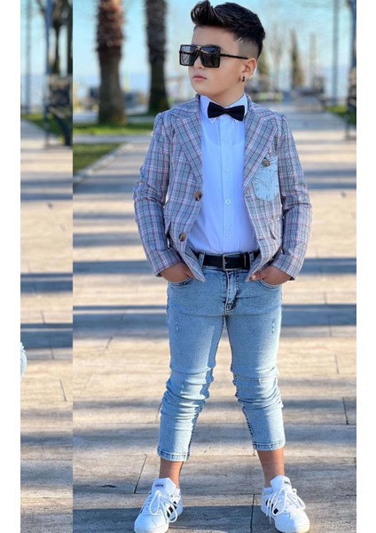 Erkek Çocuk Kırmızı Çizgili Blazer Ceket Kot Pantolon Alt Üst Takım