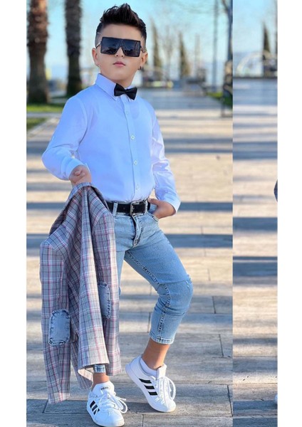 Erkek Çocuk Kırmızı Çizgili Blazer Ceket Kot Pantolon Alt Üst Takım